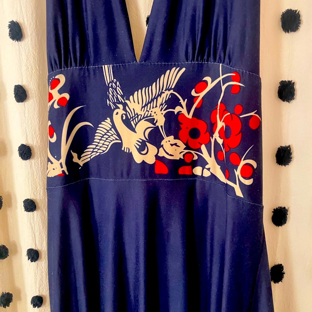 Navy Halter Dress with Bird and Floral Design